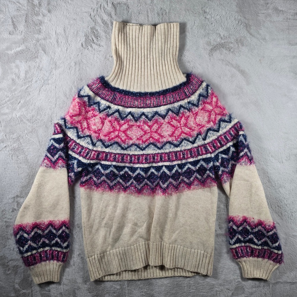 Majorelle Turtleneck Sweater Womens Small Cream Pink Fair Isle Cabincore Cozy‎